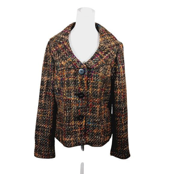 Dialogue Jackets & Blazers - Dialogue SZ 14 Tweed Jacket Long Sleeve Button Front Brown/Green/Burgundy/Cream